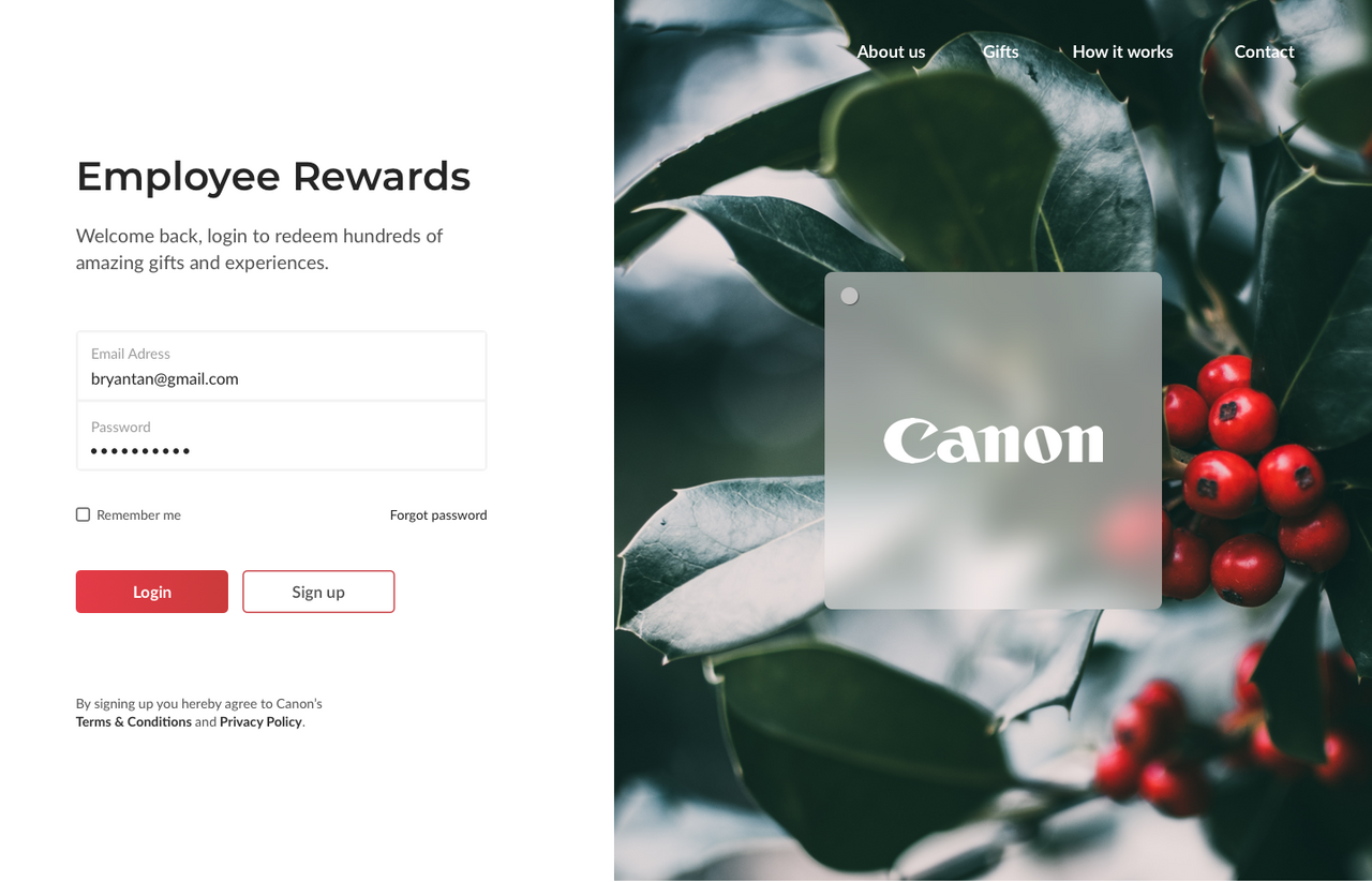 Canon website login page