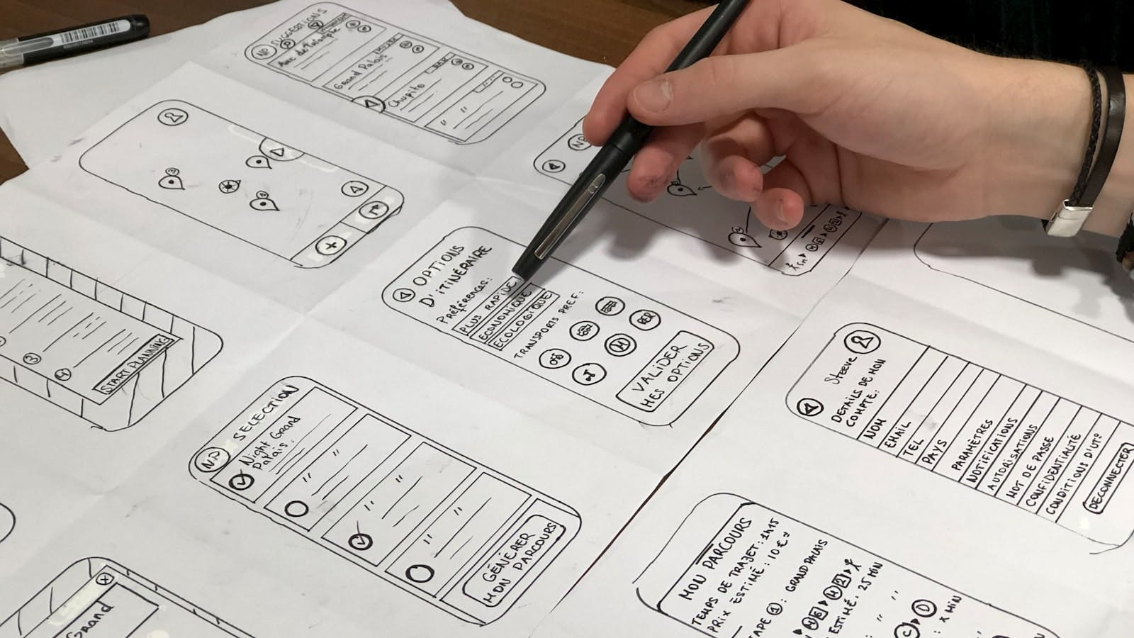 Mobile wireframes on paper
